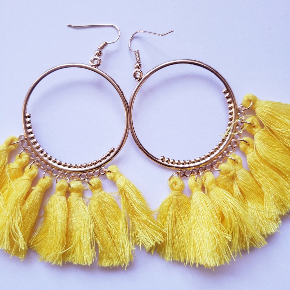Yellow Tassel Boho Hoop Earrings